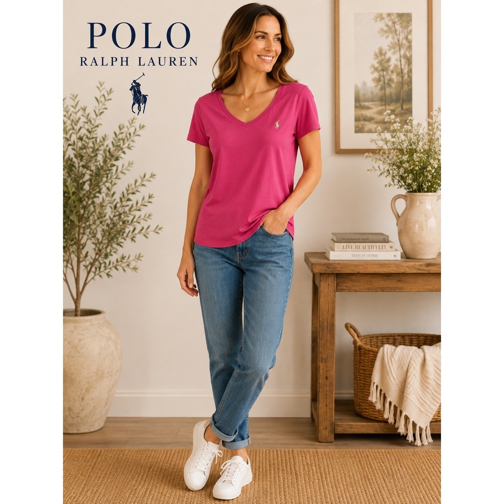 Ralph Lauren Sport V-Neck T-Shirt Pink Cotton Short Sleeve Pony Logo Size XL